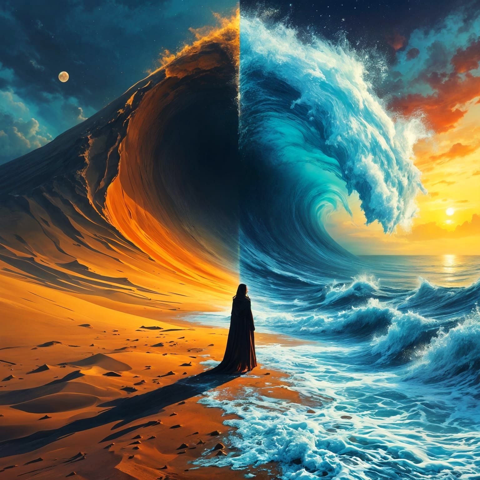 Contrasting Desert Sunset and Moonlight Ocean Split