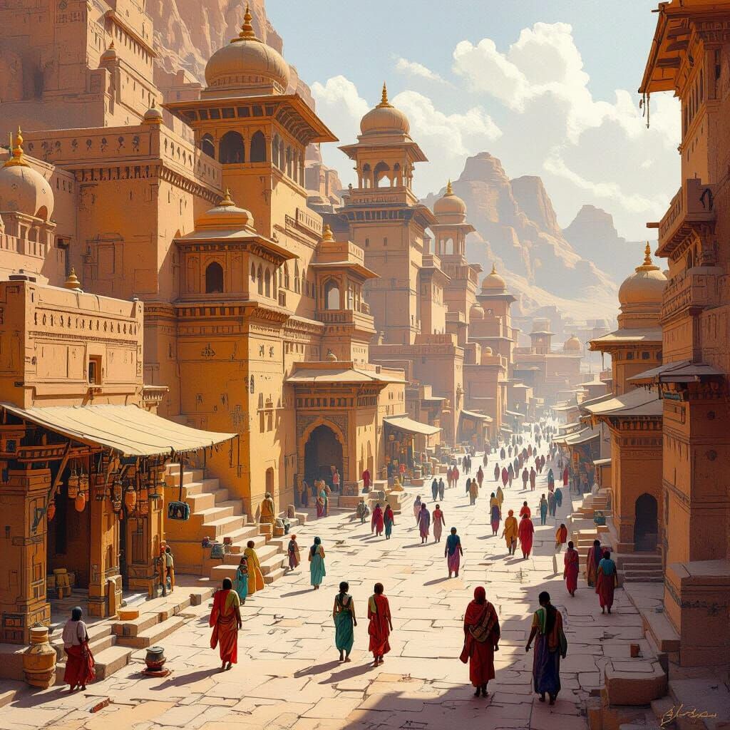 Vibrant Indus Valley Cityscape with Traditional Clothing