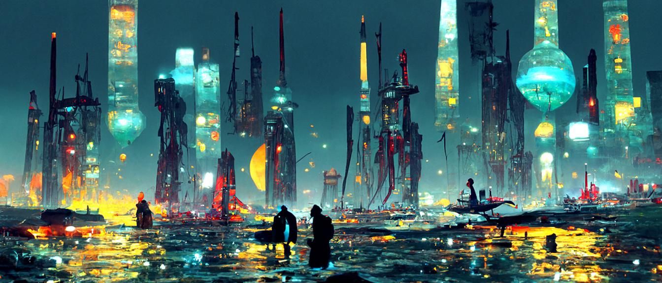 Cyberpunk Cityscape by the Sea in Digital Illustration