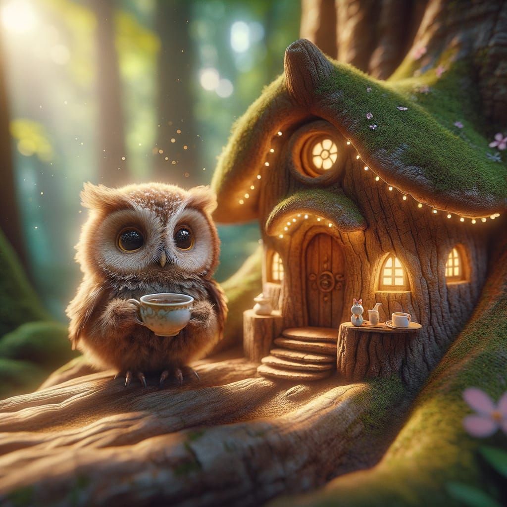 Tiny Owl Enjoys Tea on Enchanted Tree Porch