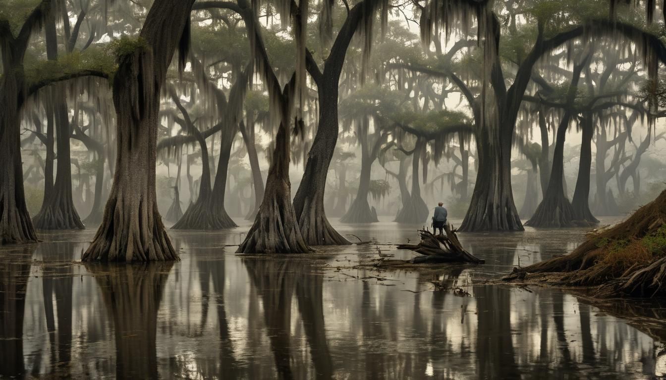 Troubled Man at Bayou's Edge as Impasto Painting