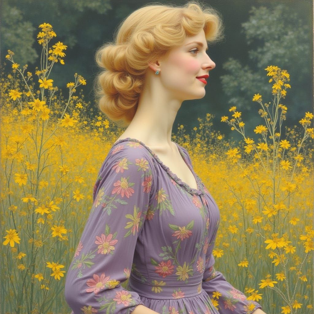 Blonde Woman in Floral Path: Art Nouveau Portrait