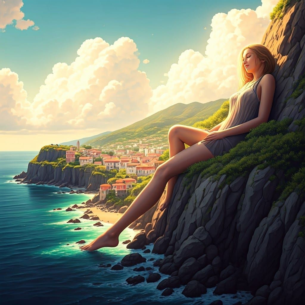 Gigantic Woman Lounging on Cliffside in Sunlight