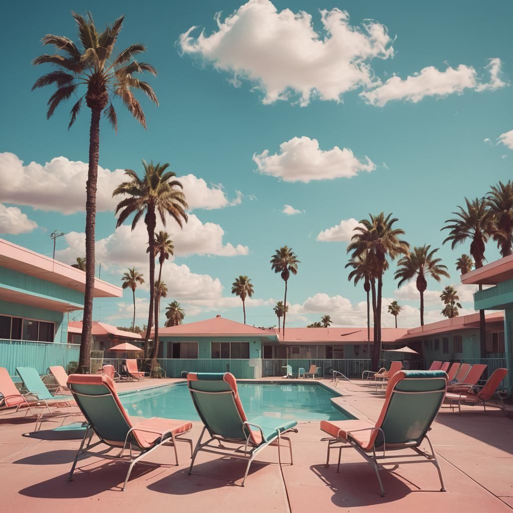 Deserted Motel Pool in Retro-Futuristic Style