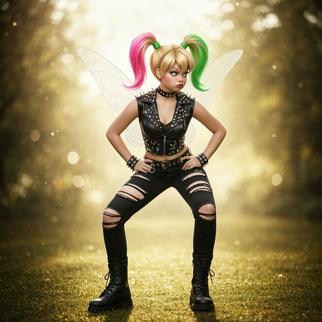Tinkerbell in Punk Rock Style with Colorful Pigtails