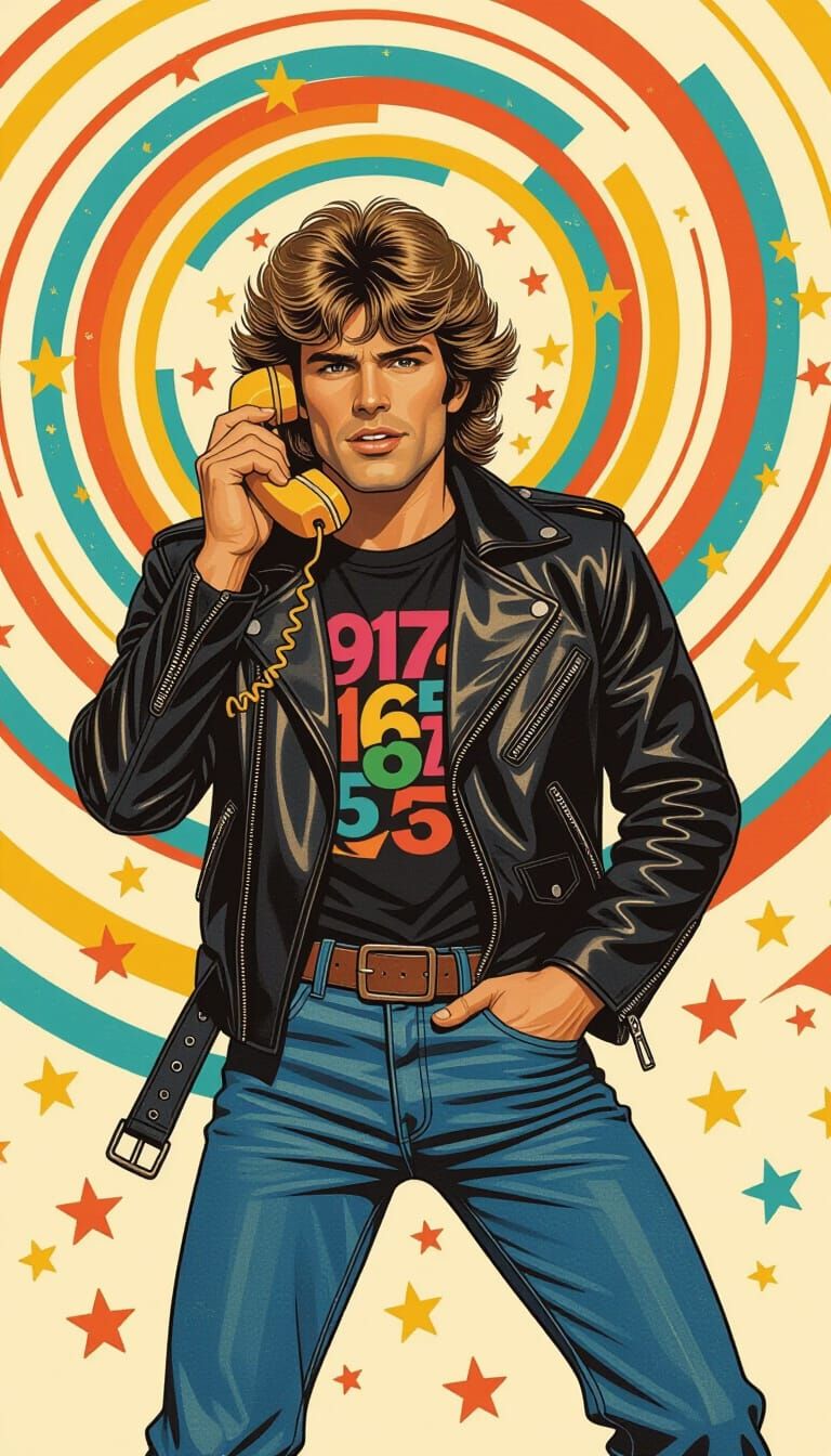 Man in 70s Whirlwind with Phone, Comic Book Style