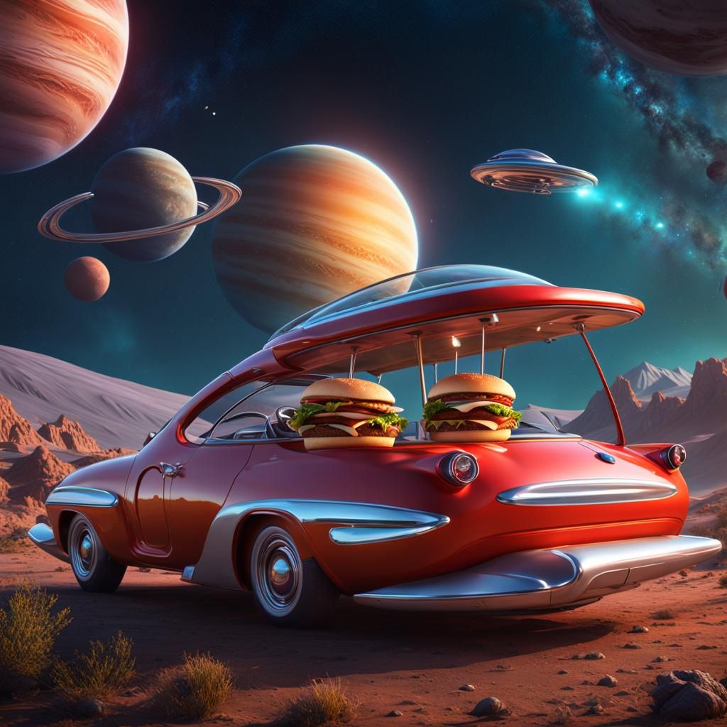 Space Diner at Saturn with Smiling Alien, Digital Art