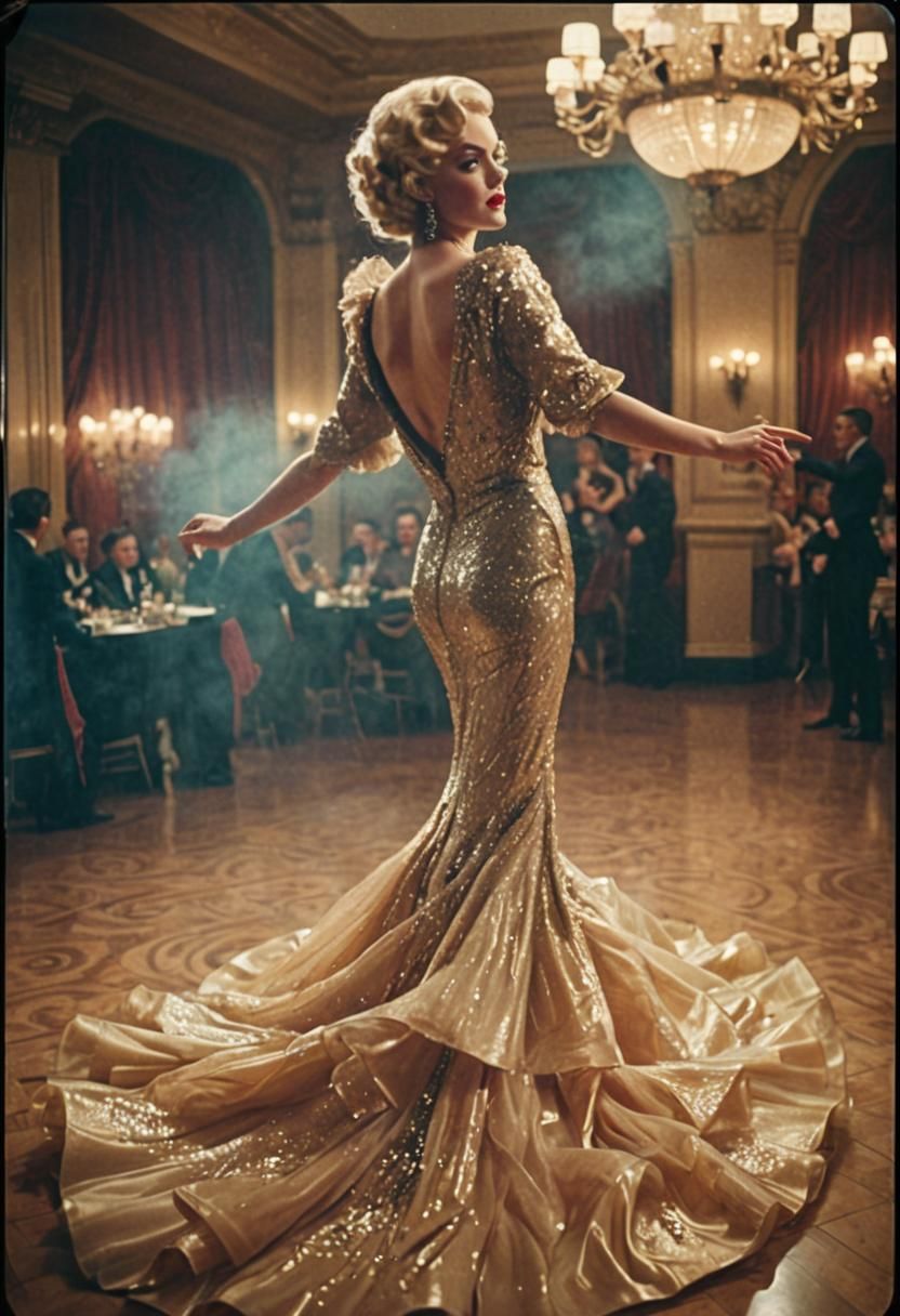 Glamorous Blonde Bombshell in Lavish Ballroom, 1930s Style