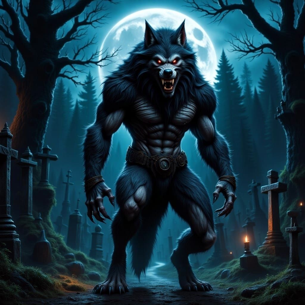 Halloween: Werewolf in a Dark Cemetery on a Full Moon.