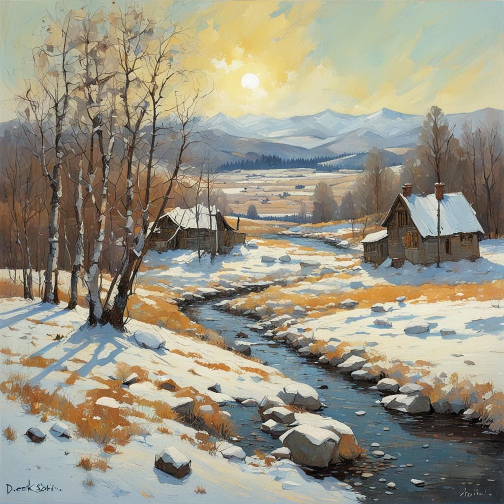 Winter Landscape in Distressed Pop Art Style