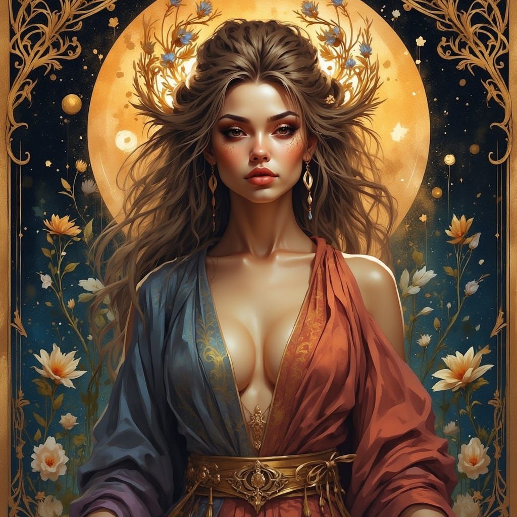 Ethereal Being in Art Nouveau Style with Nebulae Hair