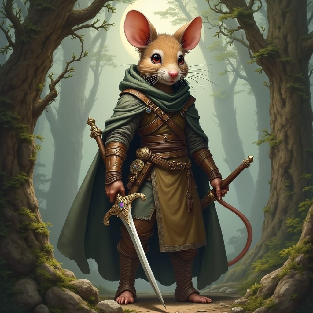 Elegant Female Mouse Barbarian in Moonlit Forest
