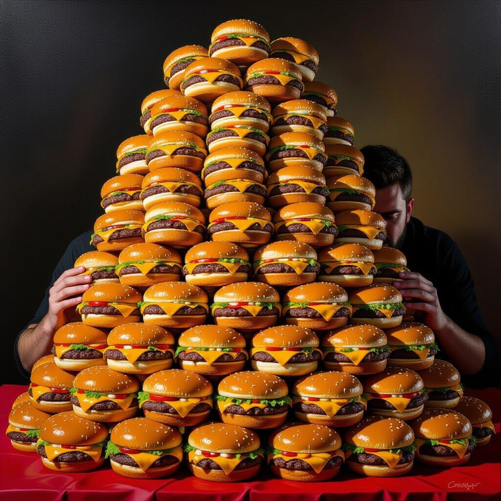 Hyperrealistic Oil Painting of Person Eating 1000 Burgers
