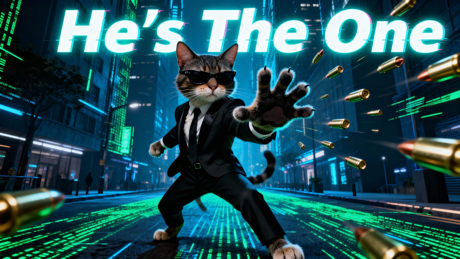Neo Matrix Cat Stops Bullets in City Street