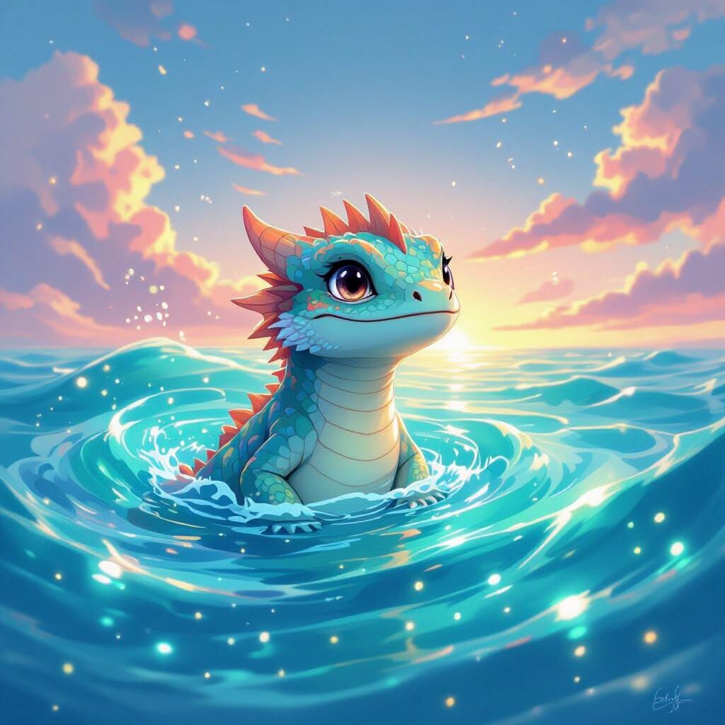 Baby Water Dragon Rises From Enchanted Sea at Dawn