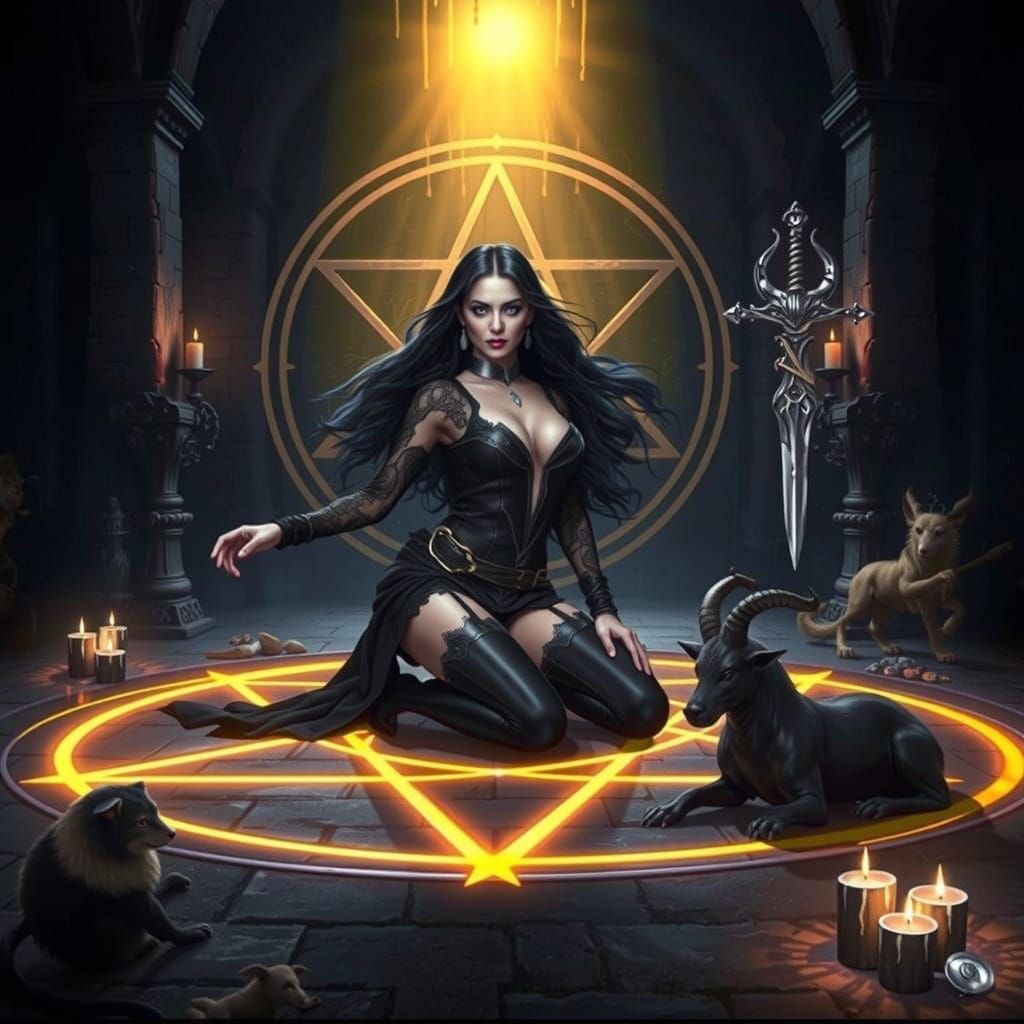 Gothic Woman in Dungeon with Occult Symbols