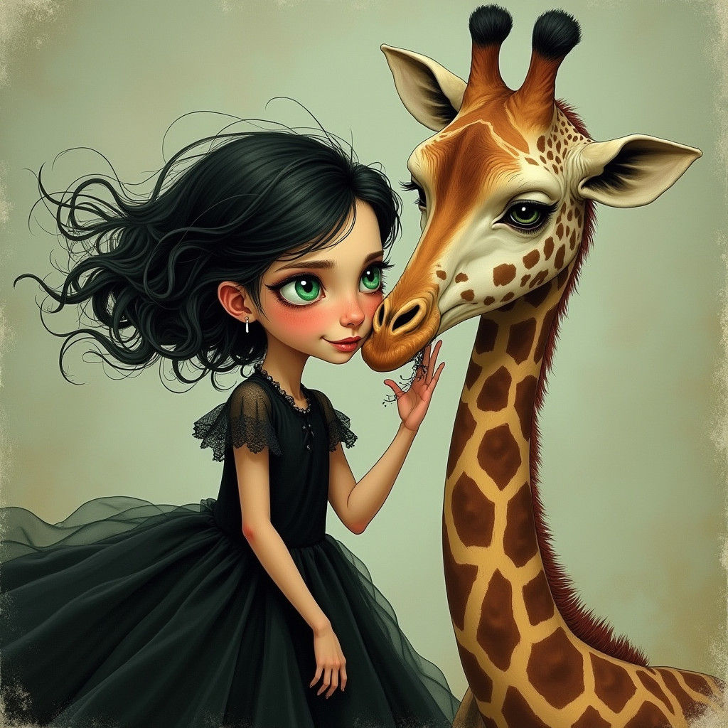 Girl Bites Giraffe Head in Pop Surrealist Scene