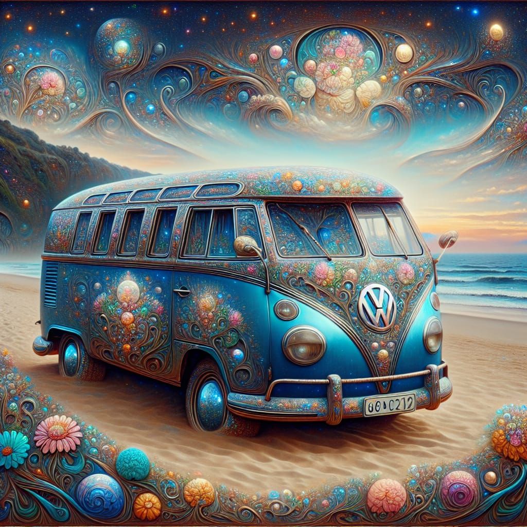 Retro Hippie Bus on a Celestial Beach