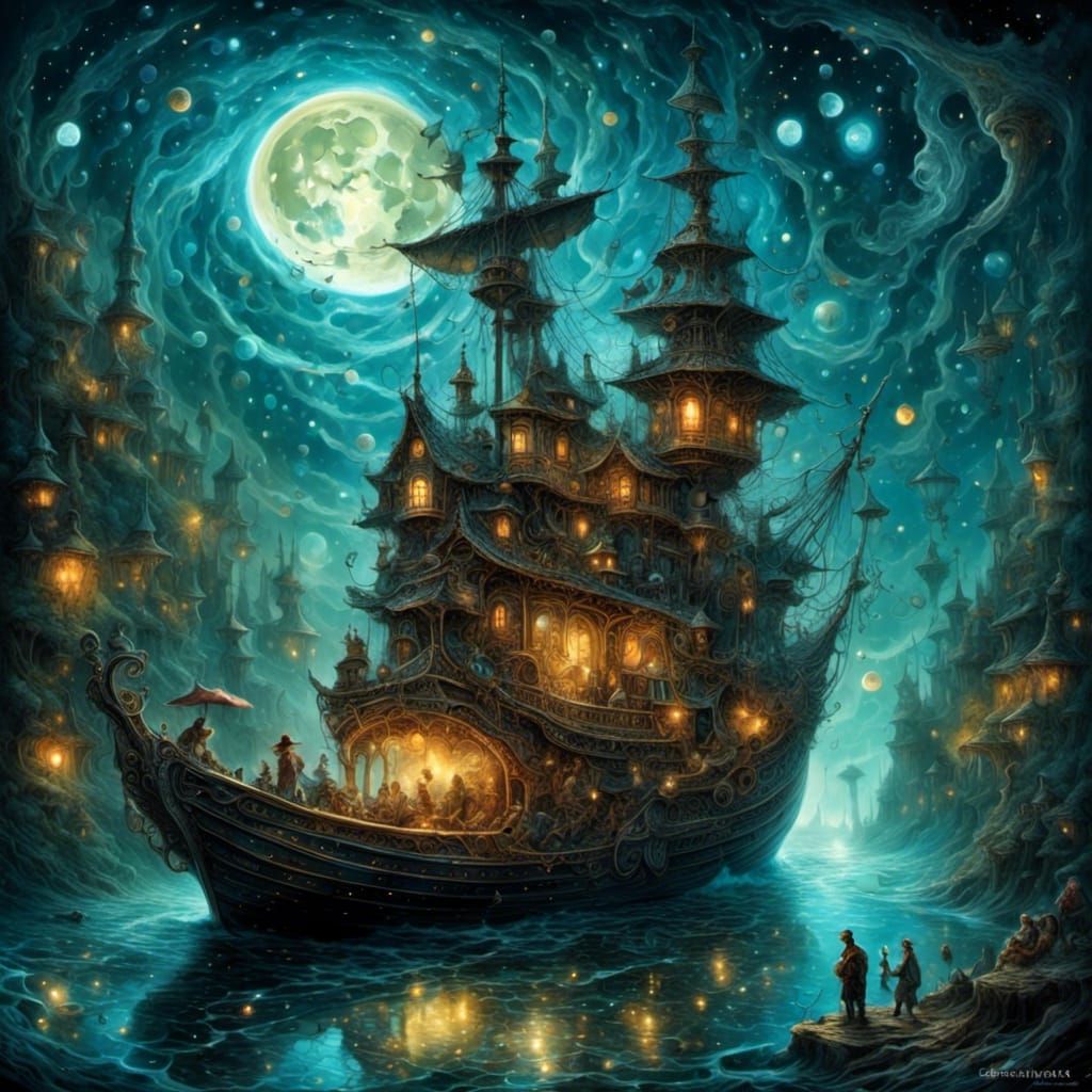 Magical Moon Over Galaxy Lake: Intricate Image