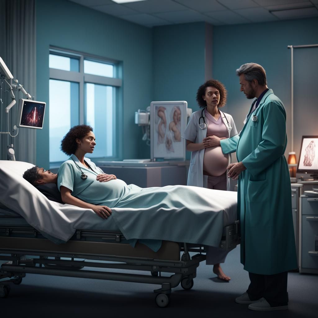 Pregnant Doctor and Crying Man: Detailed Matte Painting