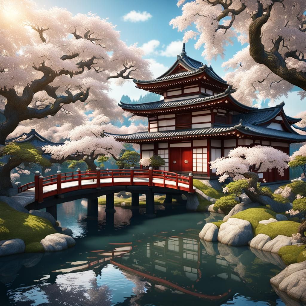 Japanese Water Garden with Cherry Tree, Detailed Art