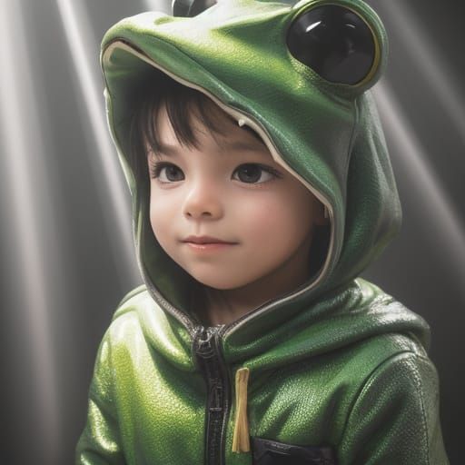 Joyful Child in Frog Costume with God Rays