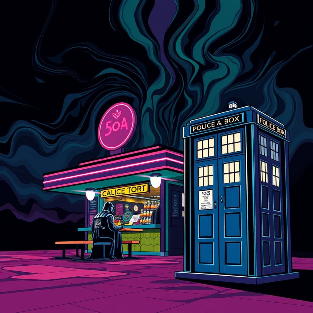 Darth Vader at a 1950s Soda Shop with TARDIS