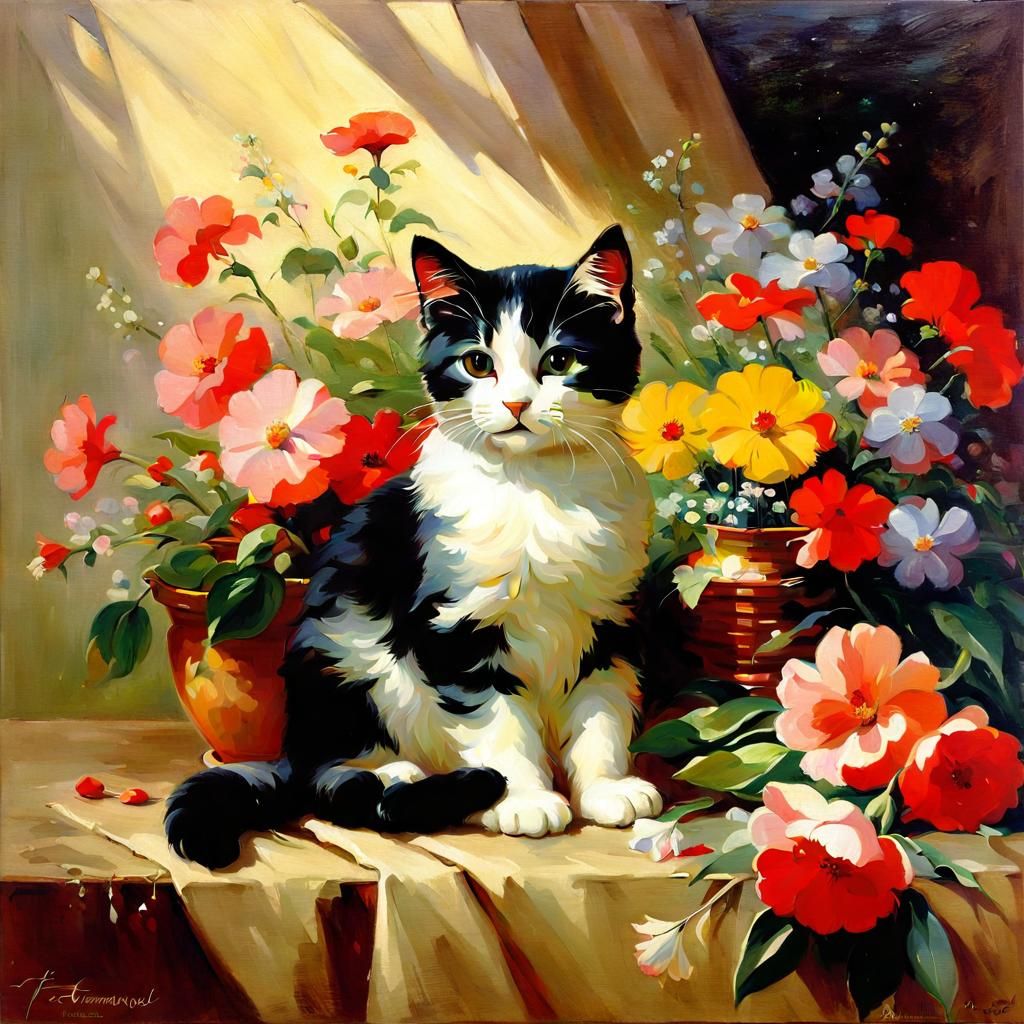 Cat with Flowers in Illuminated Landscape Style