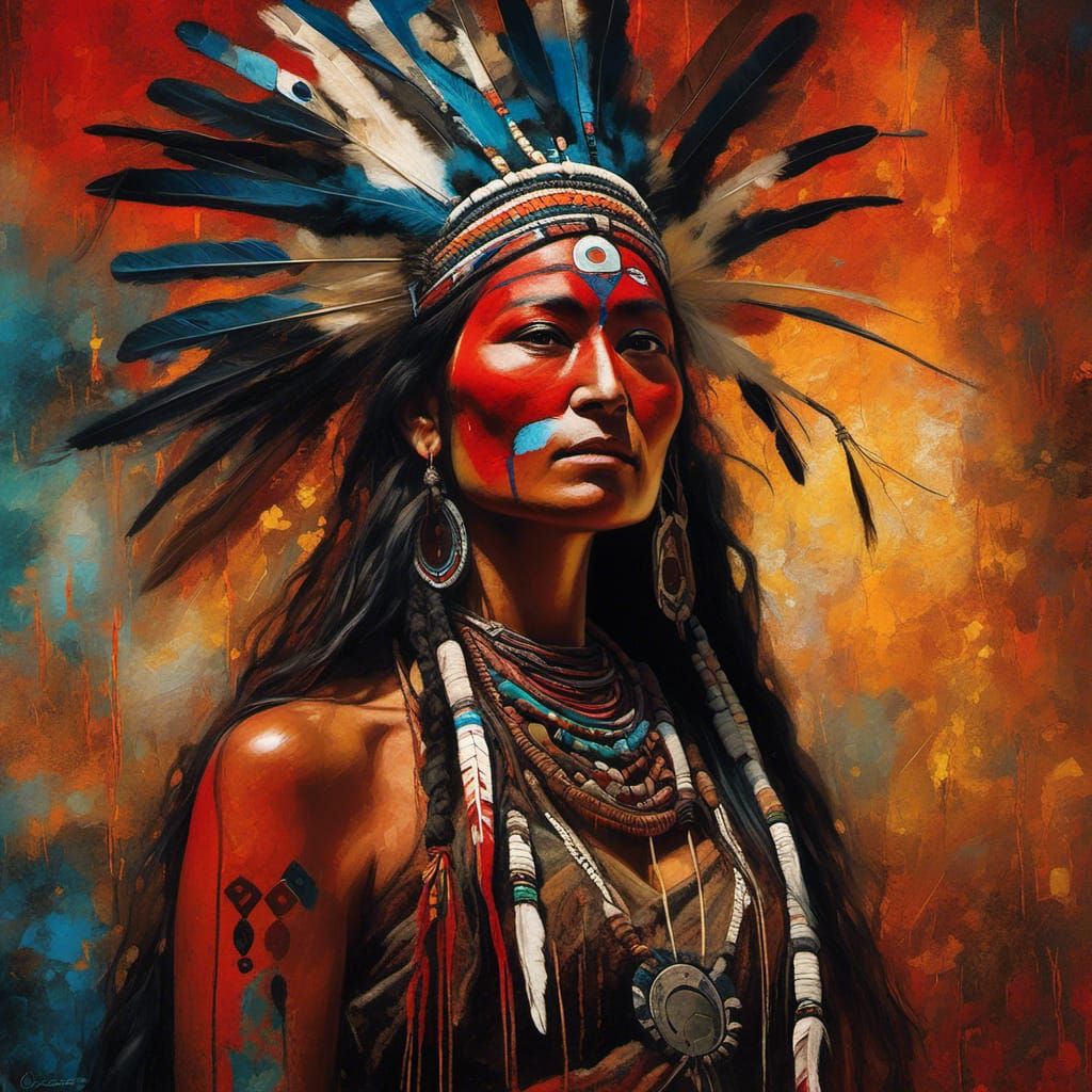 Ethereal Indigenous Woman Portrait with Red Handprint