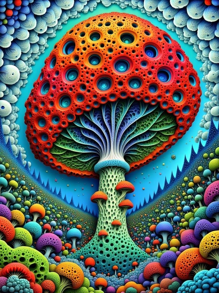 Intricate Mushroom: Oil on Canvas, Pop-Surrealism Style