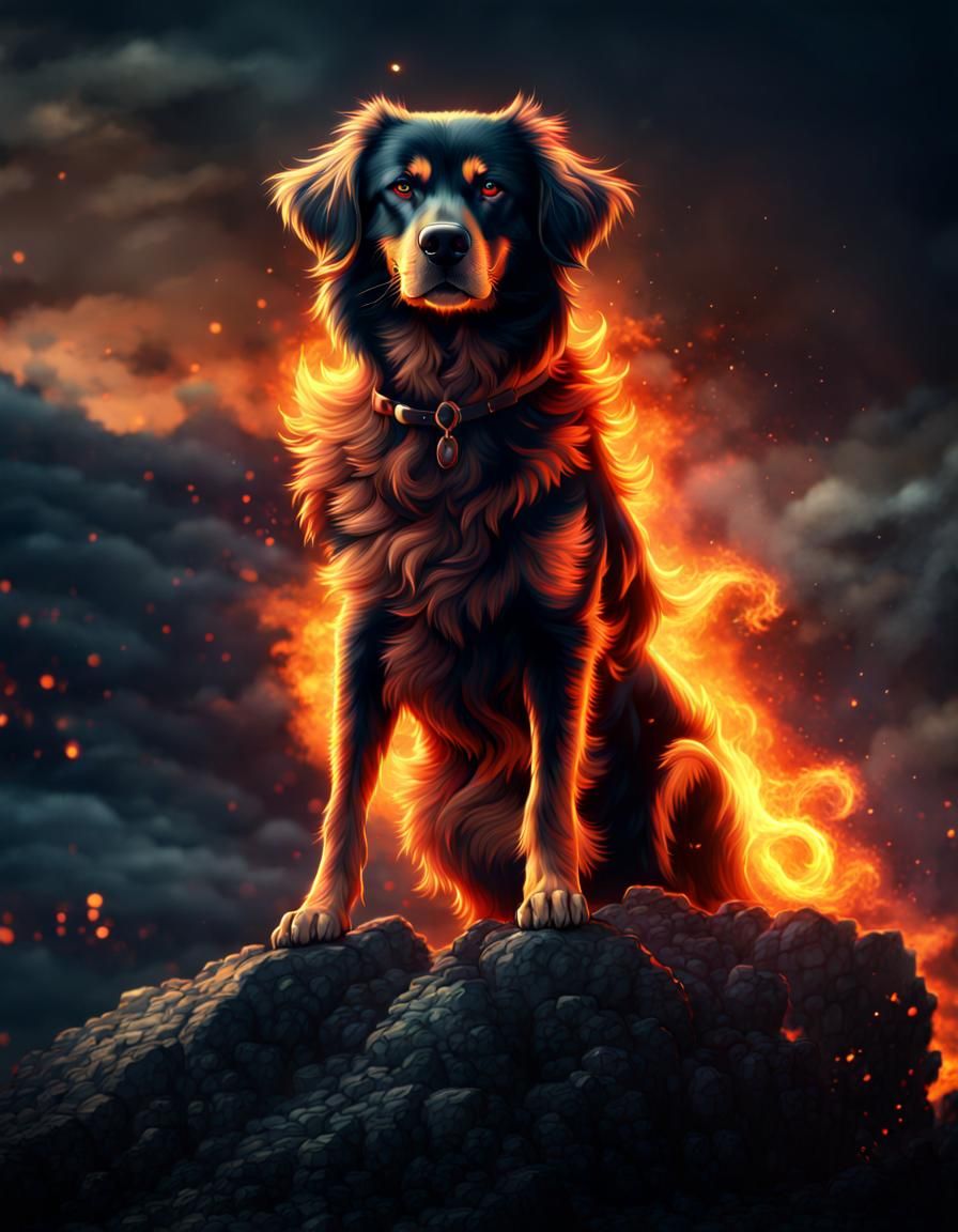 Fiery Dog Standing on a Rock at Night
