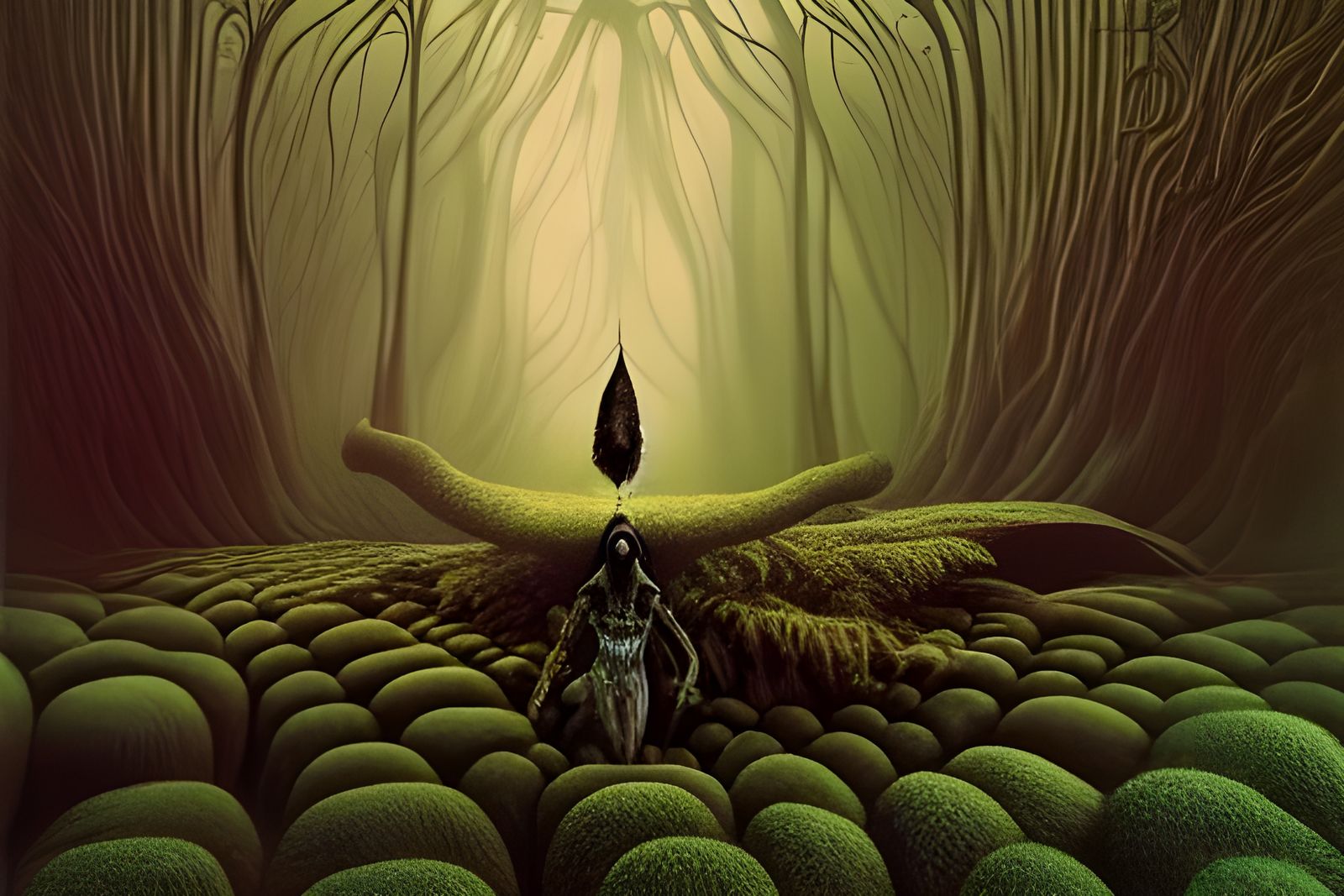 Surreal Forest Dawn: Maori Woman in Giger Style