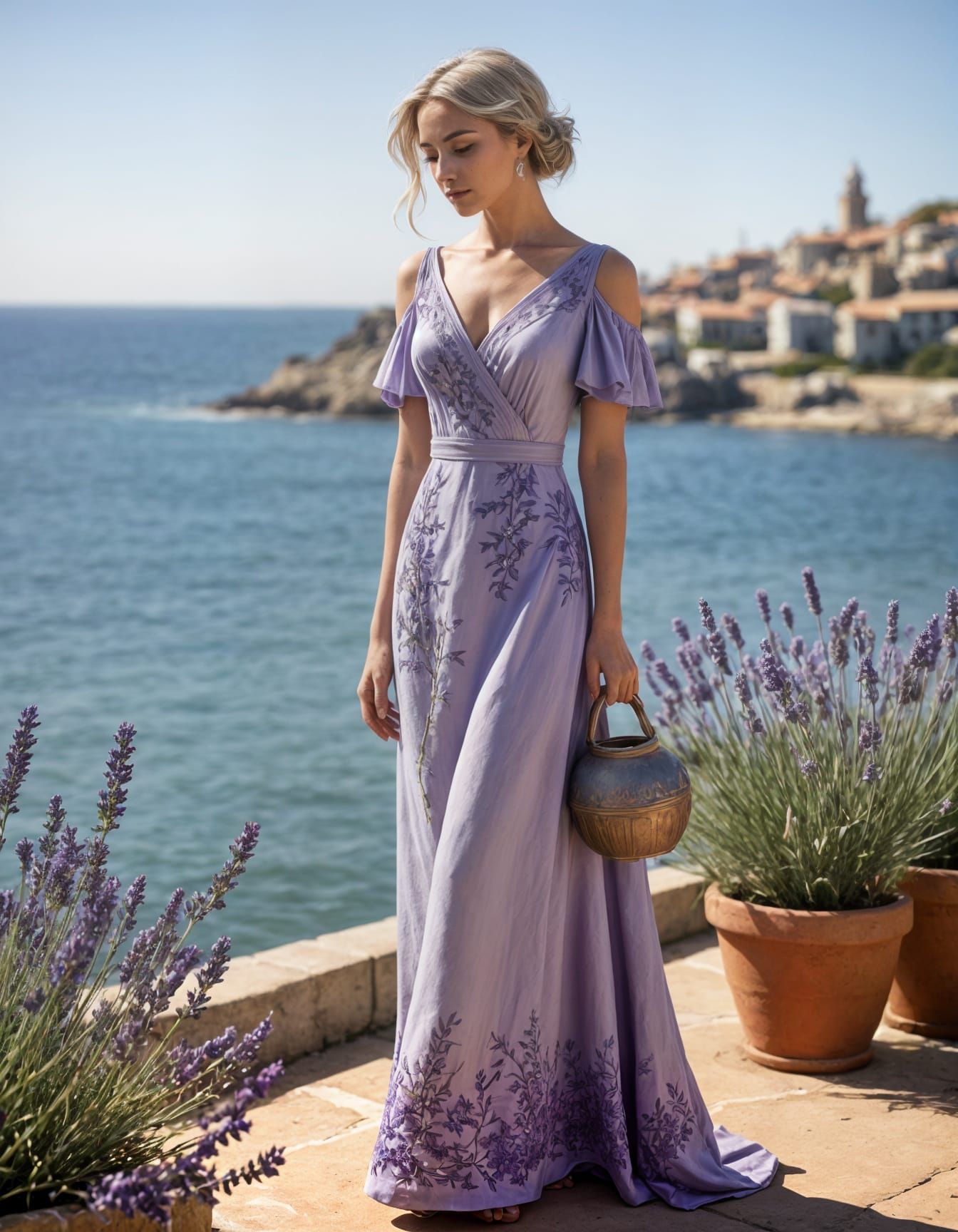 Lavender Goddess with Embroidered Gown and Terra Cotta Jug