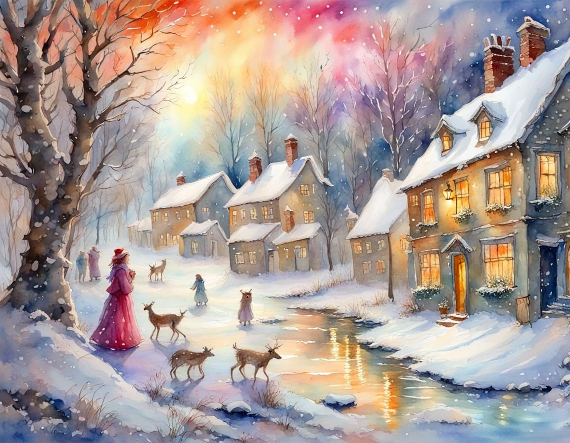 Splashy Winter Christmas Scene in Watercolour