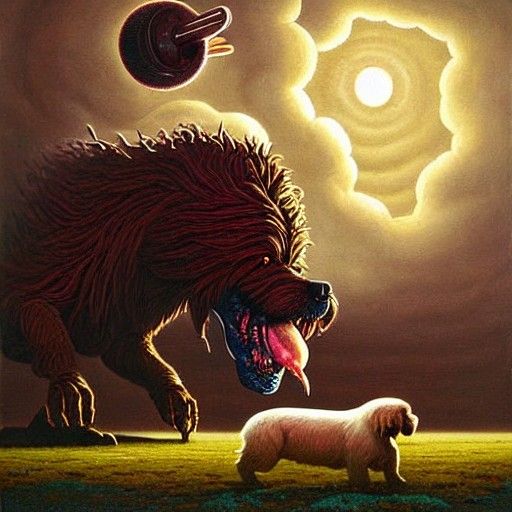 Giant Angry Dog Feast: A Surreal Painting
