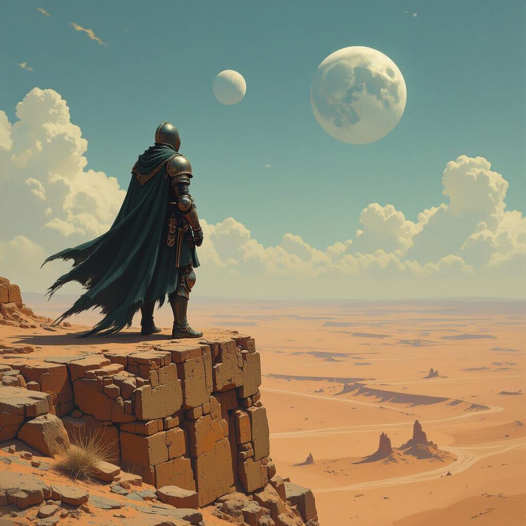Knight on Alien Desert Citadel Under Two Moons