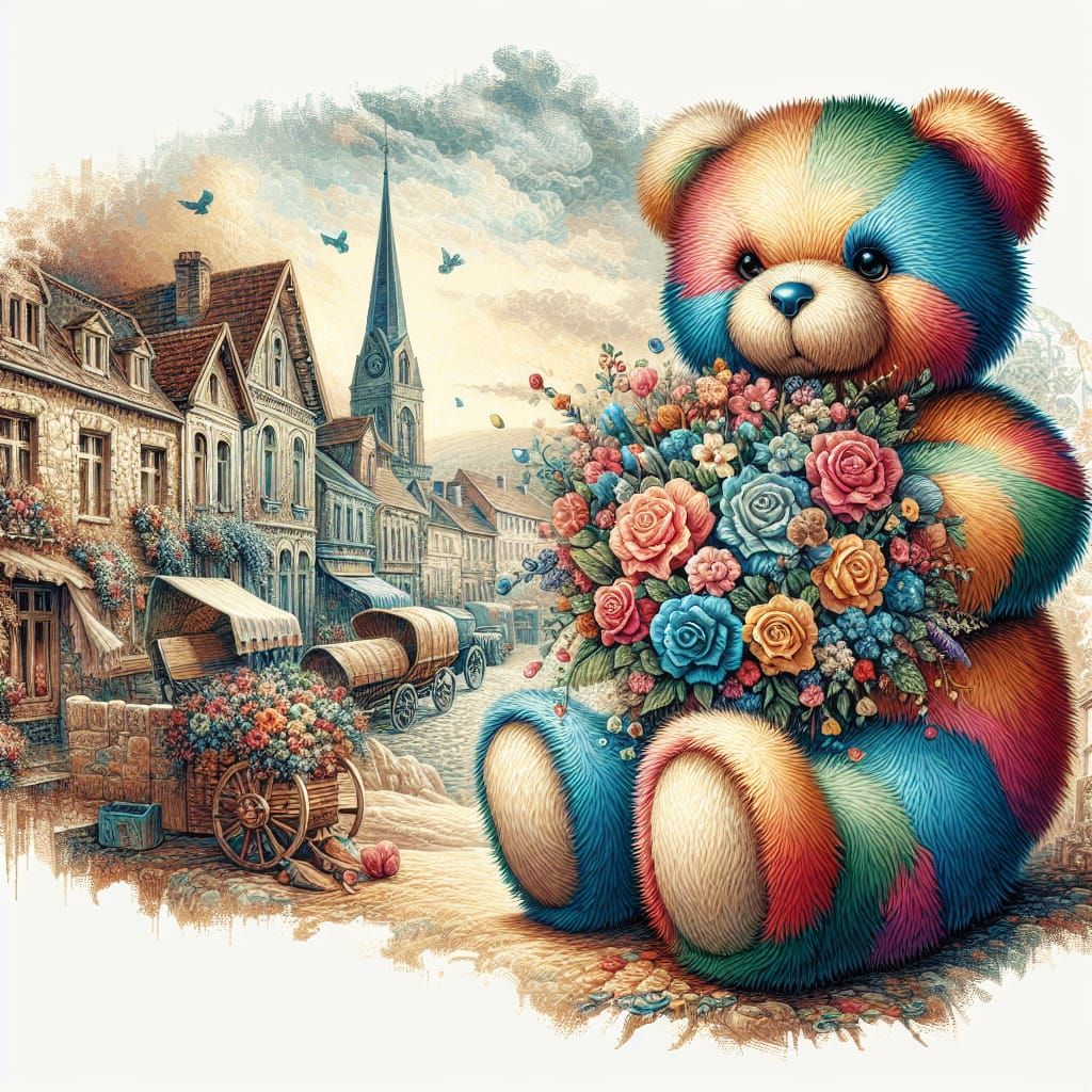 Romantic Teddy Bear in Vintage English Town