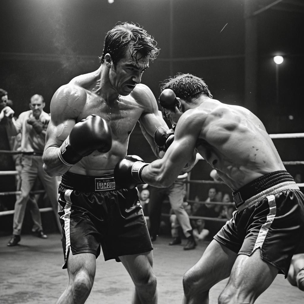 Boxer's Knockout Punch in Gritty Film Noir Style