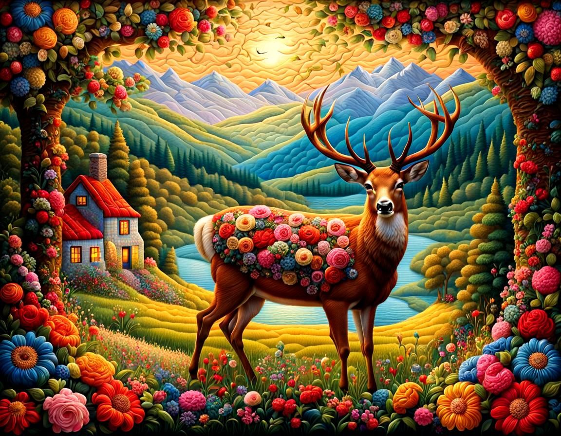 Quilted Deer with Antlers in Floral Tapestry