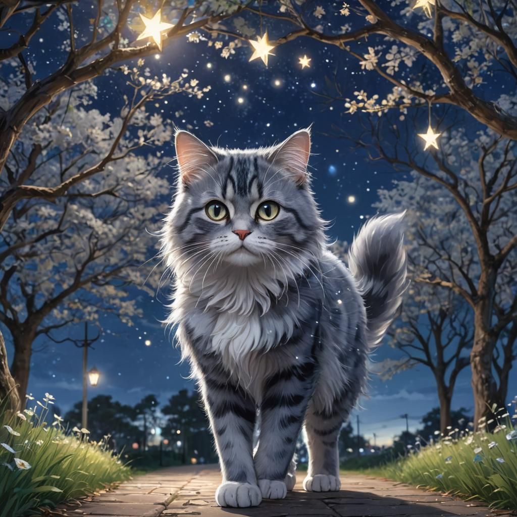 Ethereal Cat Stroll Under Starry Night Sky