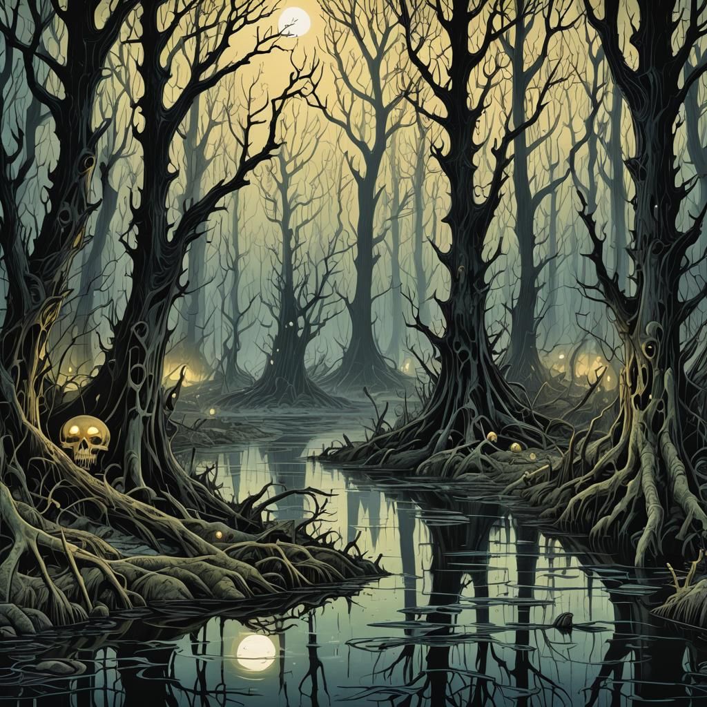 Haunting Swamp Pen and Ink Drawing