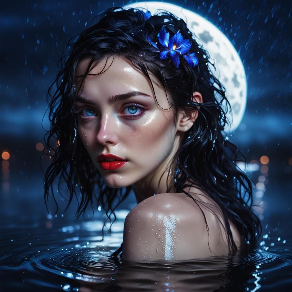 Stunning Woman Emerges from Water Under Moonlight