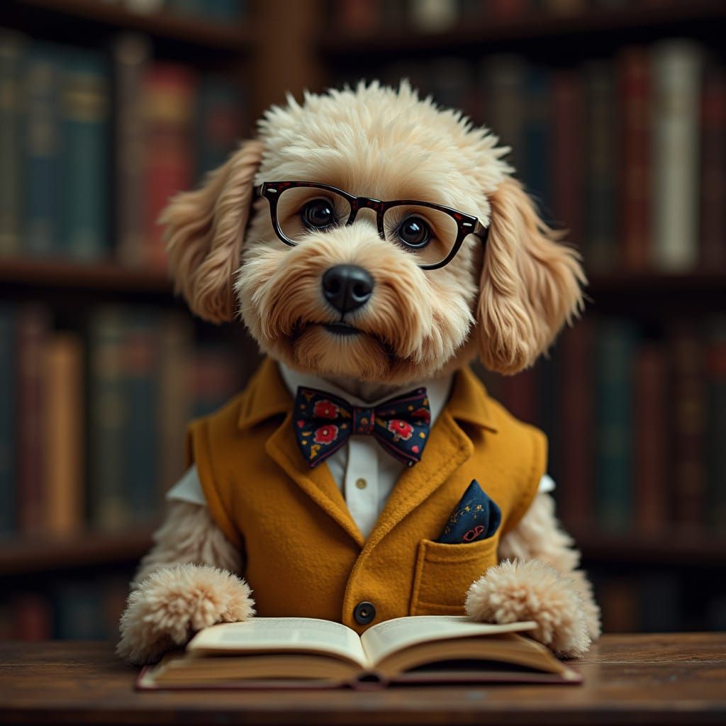 Sophisticated Groodle in Cinematic Study Setting