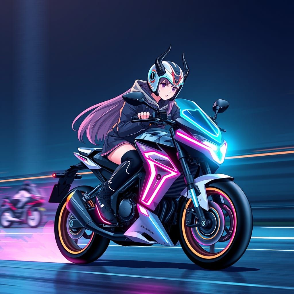 Cyberpunk Female Rider Speeds Down the Fast Lane
