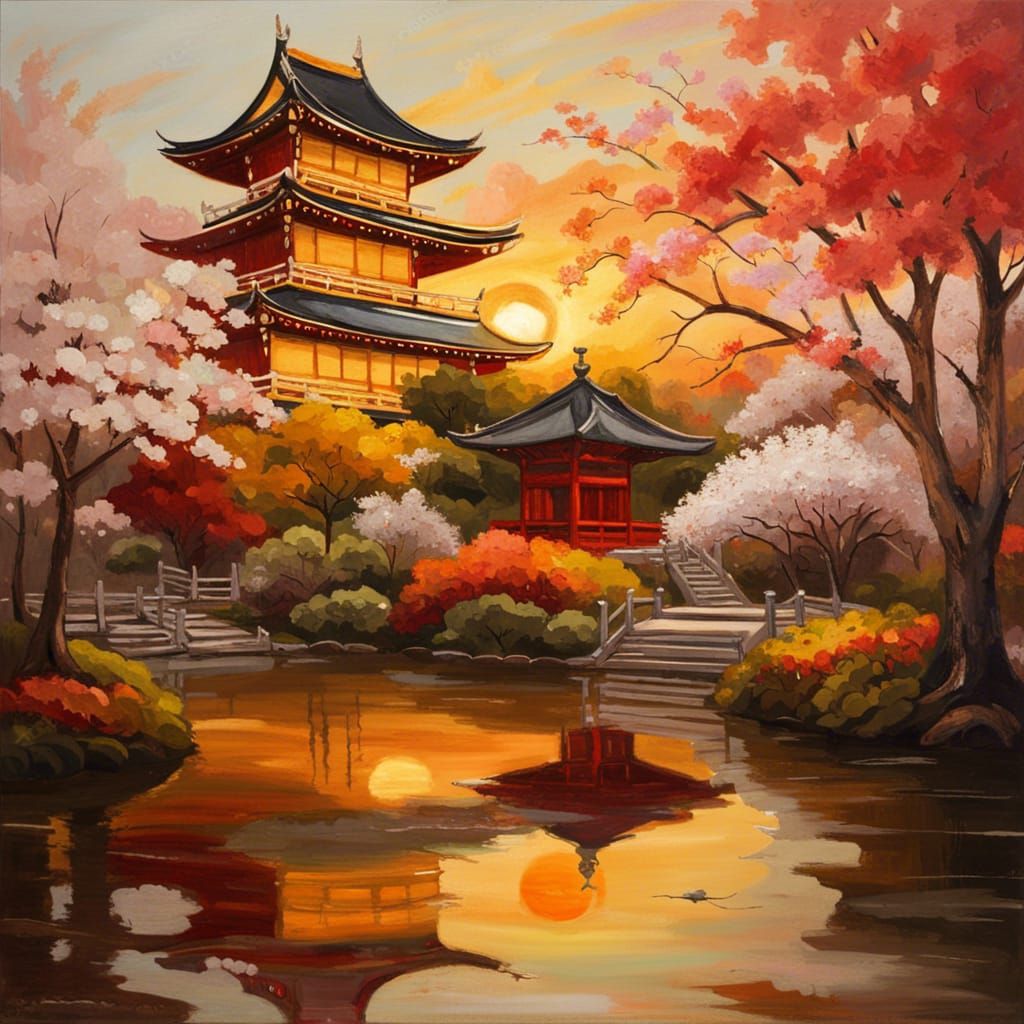 High Gothic Japanese Temple with Cherry Blossoms