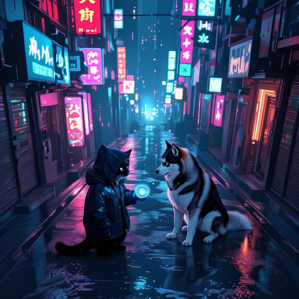 Cyberpunk Cat Gives Bounty Puck to Husky in City Alley
