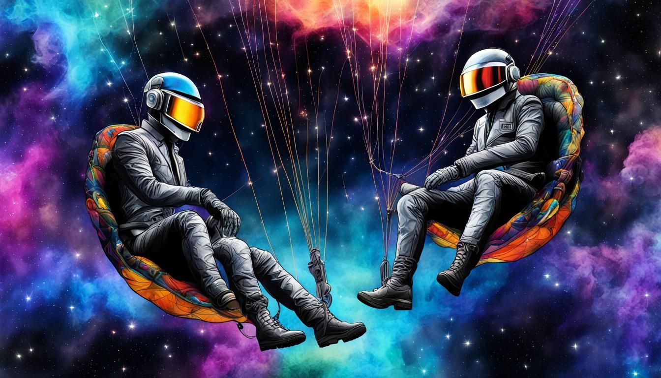 Daft Punk Paragliding in Space Watercolor Illustration