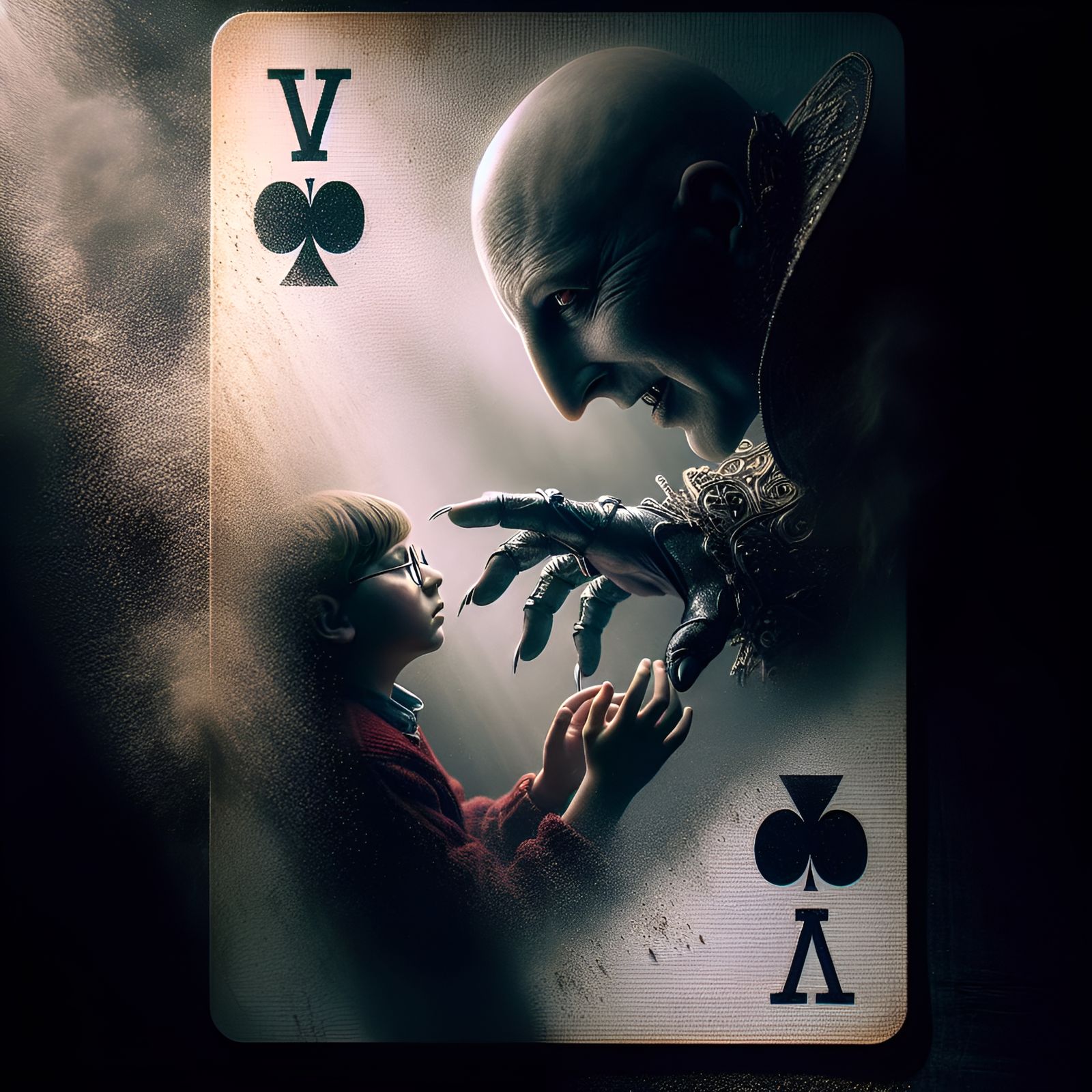 Intimidating Figure Reaching for Young Boy