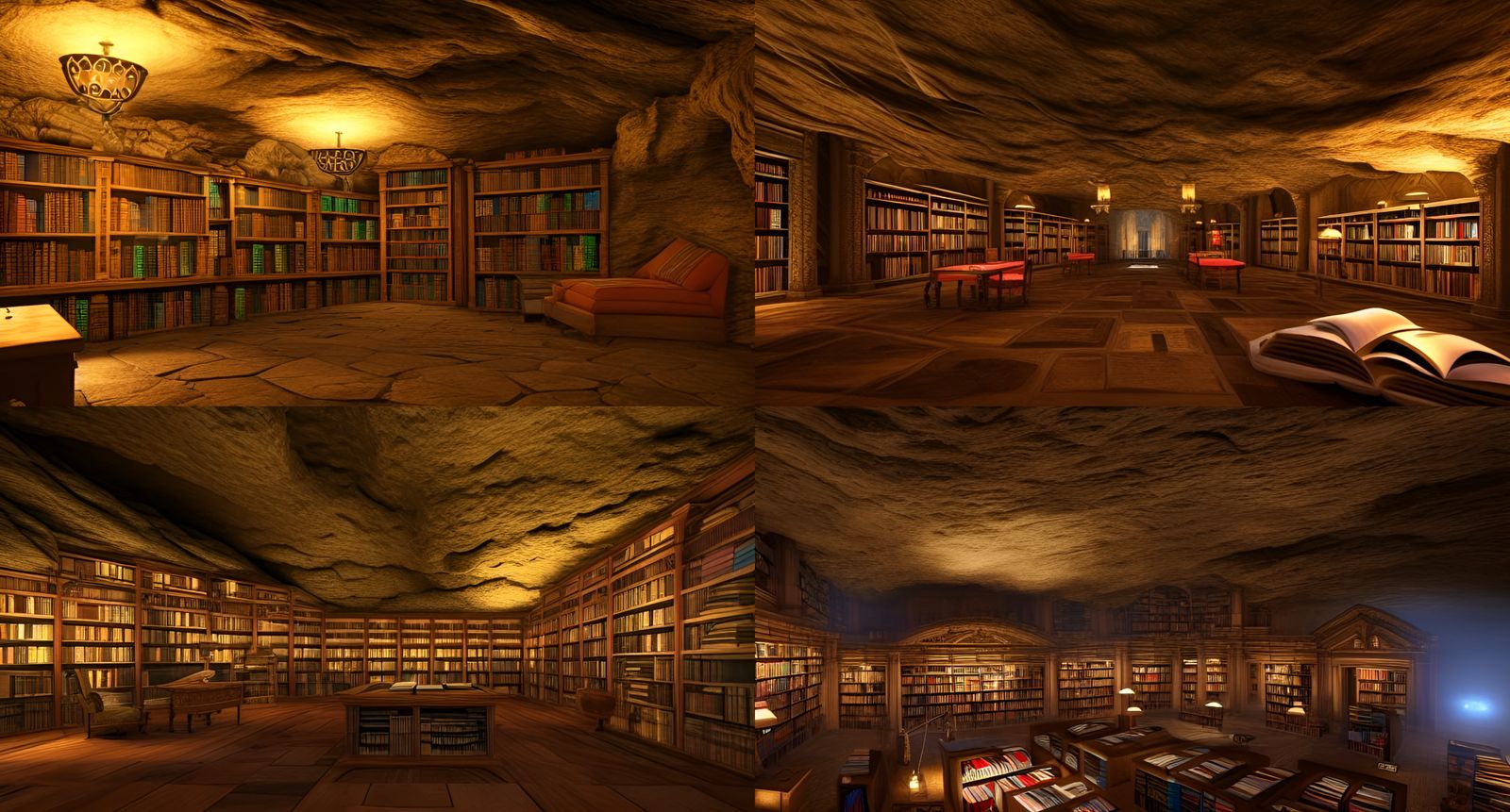 Photorealistic Ancient Library in a Massive Cavern