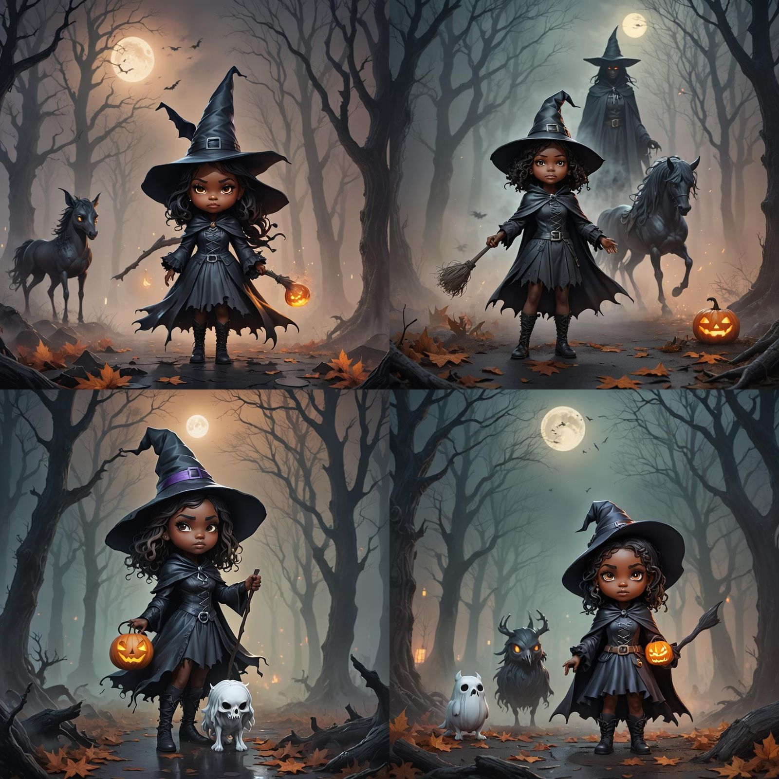 Chibi Witch with Headless Horseman in Spooky Forest